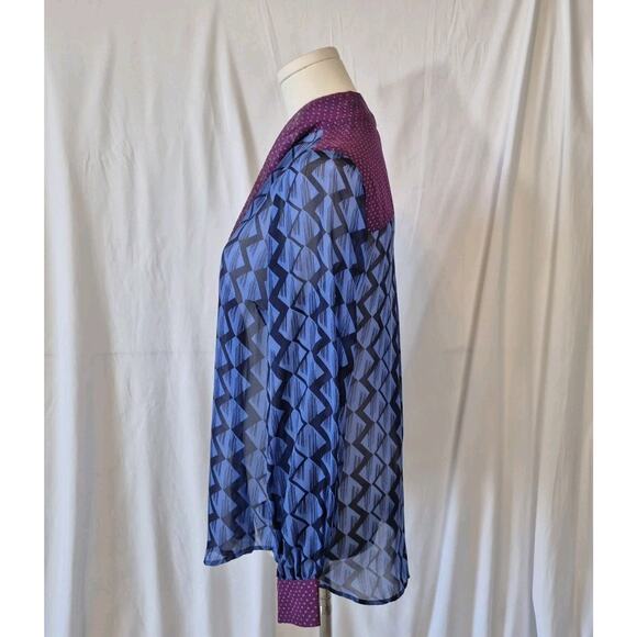Hale Bob Womens 100% Silk Blue Purple Geometric Sheer Blouse Top Small - Picture 5 of 8